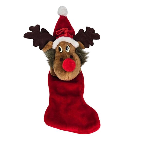 VTG Smithy 3D Plush Red Nose Reindeer Moose 27" Christmas Stocking Santa Hat - Picture 3 of 14